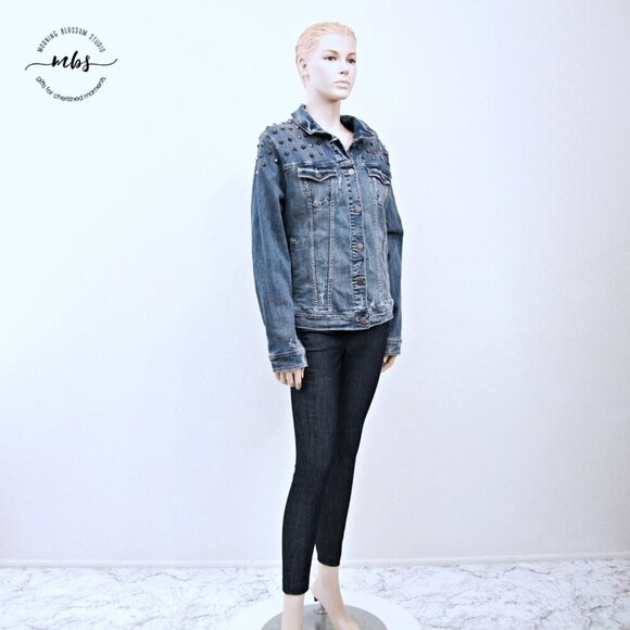 Torrid AC/DC Stud Distressed Denim Jacket Blue White Women Plus Size 2 - Picture 3 of 15